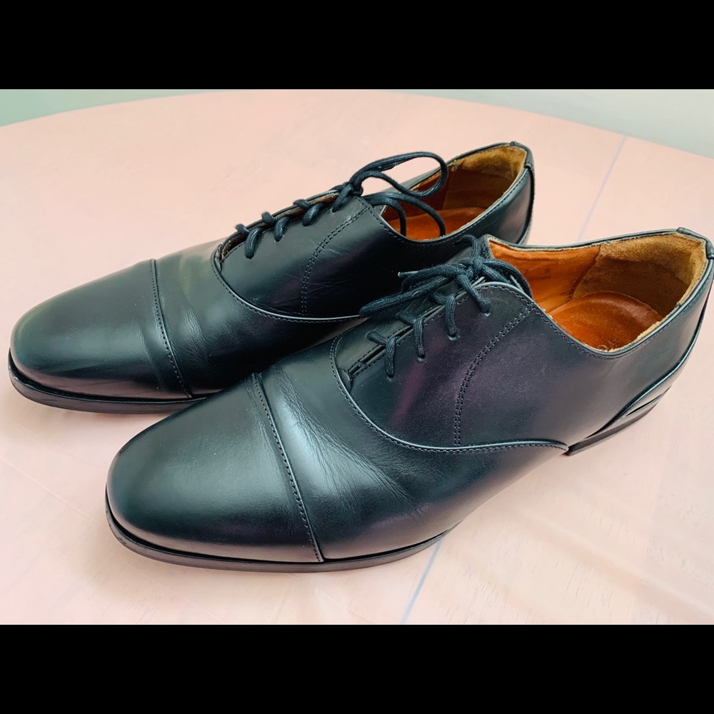 Wolf & Shepherd Men's Black Leather Cap-Toe Oxford Dress Shoes